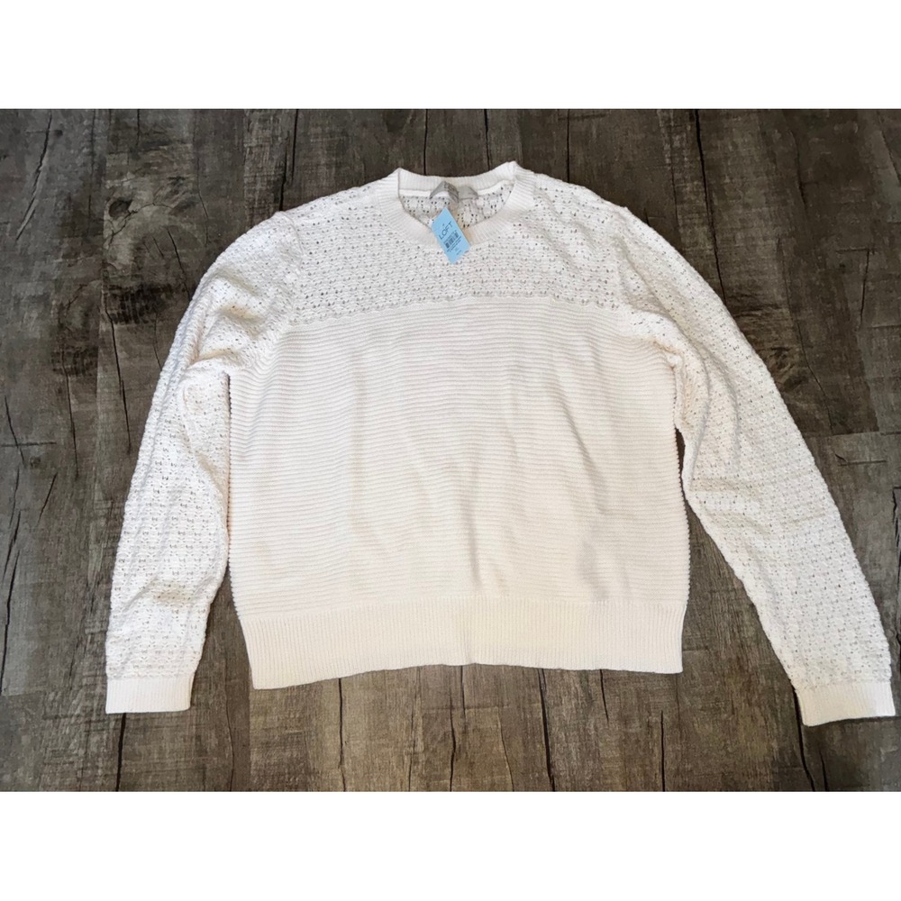 Loft Petites Womens XL Cream White Cotton Pointelle‎ Ribbed Knit Sweater NWT